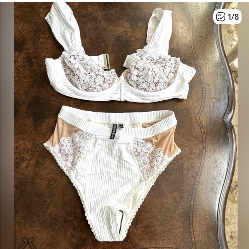 NWOT For Love and Lemons White Lace Bikini Top
Size large and Bottoms size Small